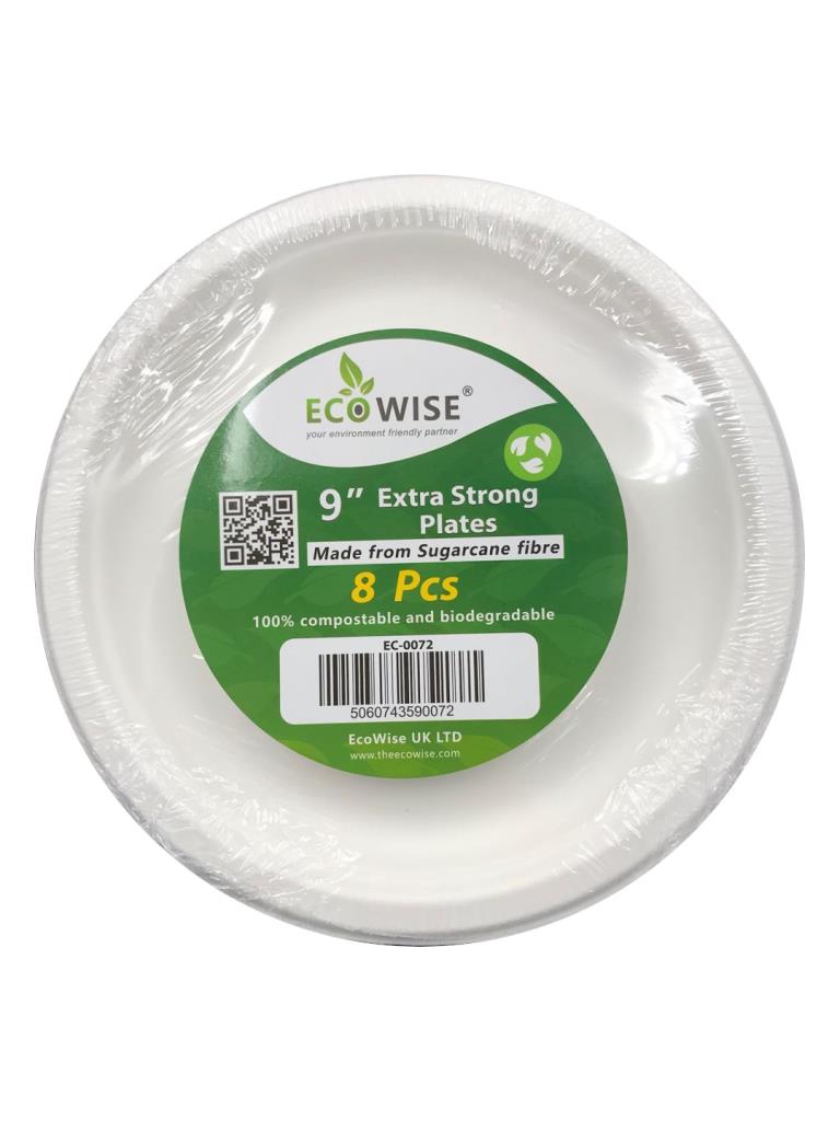 Disposable Compostable Eco-Bio Bagasse Plates 9" Pack of 8 EC0072 (Parcel Rate)